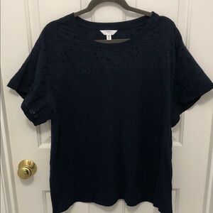Time and Tru Navy Eyelet Yoke Short Sleeve Tee